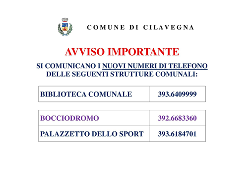 Nuovi numeri telefonici di strutture comunali