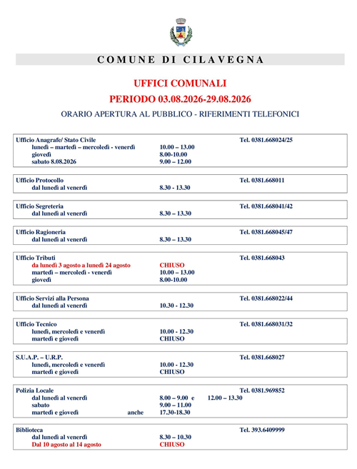 Orario apertura uffici comunali mese Agosto 2026