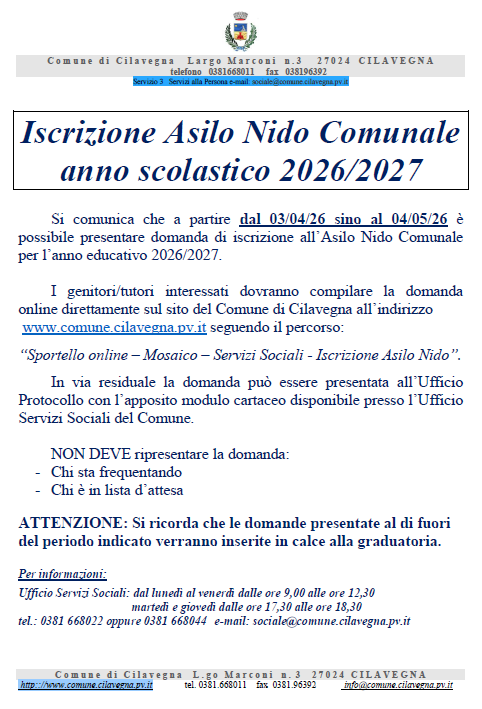 Apertura iscrizioni Asilo Nido 2026/2027